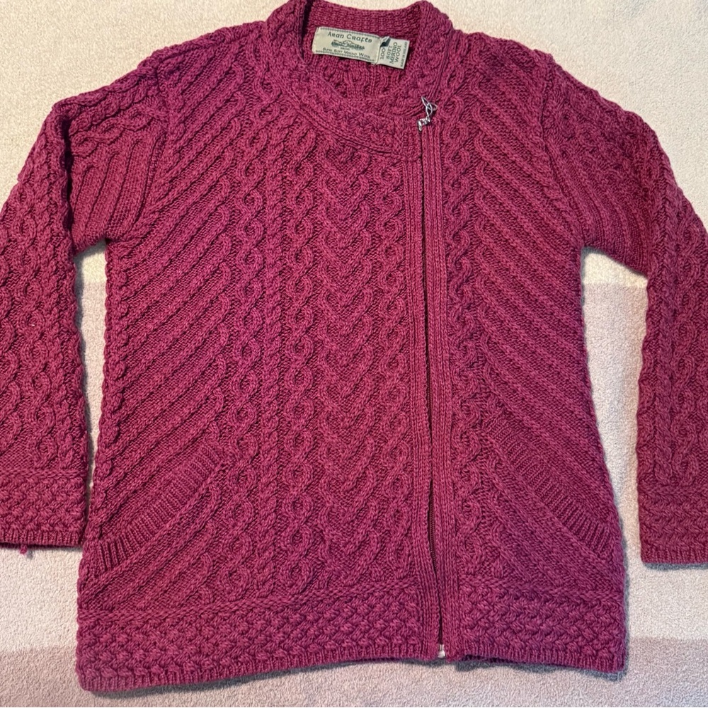 Aran Crafts Fuchsia Cable Knit Cardigan-Like Zip Sweater